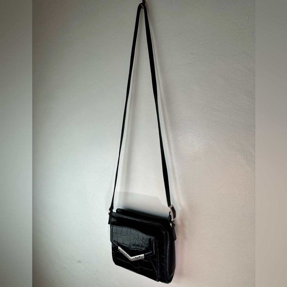 Black Croc-Embossed Leather Crossbody Bag with Silver Trim & Organizer - Picture 2 of 9